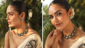 Esha Gupta looks scintillating in Rohit Bal’s floral saree and beige deep neck blouse