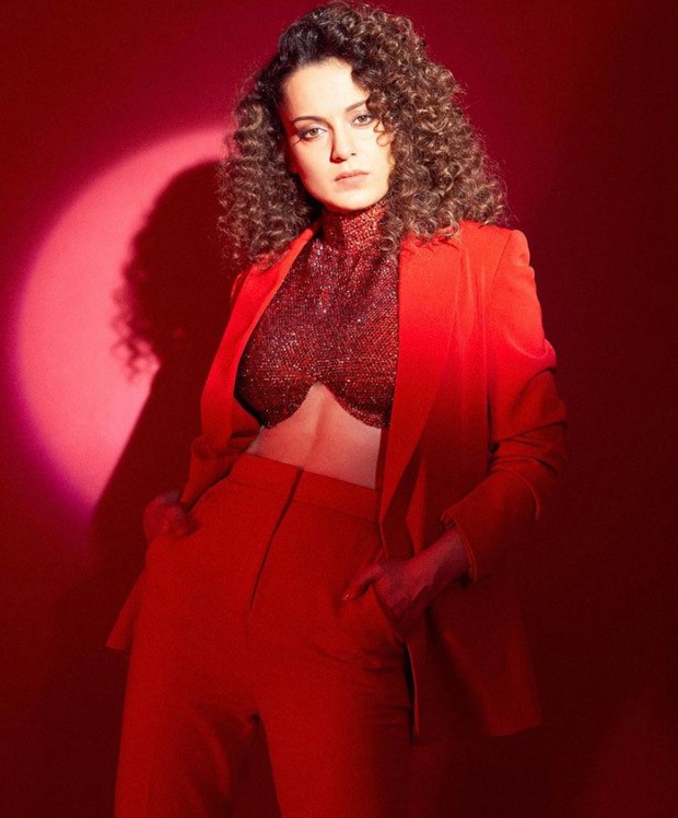 Kangana Ranaut takes the power suit game to the next level in red pantsuit with shimmer crop top by Nikhil Thampi