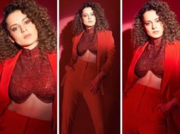 Kangana Ranaut takes the power suit game to the next level in red pantsuit with shimmer crop top by Nikhil Thampi