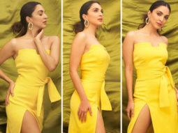 Kiara Advani is her own sunshine in lovely in a strapless yellow bodycon with thigh-high slit for Bhool Bhulaiyaa 2 promotions
