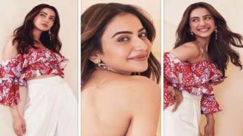 Rakul Preet Singh is giving major summer inspiration in easy-breezy printed cold shoulder ruffle top and ivory trouser worth Rs. 13,175 for Runway 34 promotions