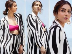 Rakul Preet Singh takes her fashion game a notch higher in monochrome pant-suit and pink bralette worth Rs. 8,990 for Runway 34 promotions