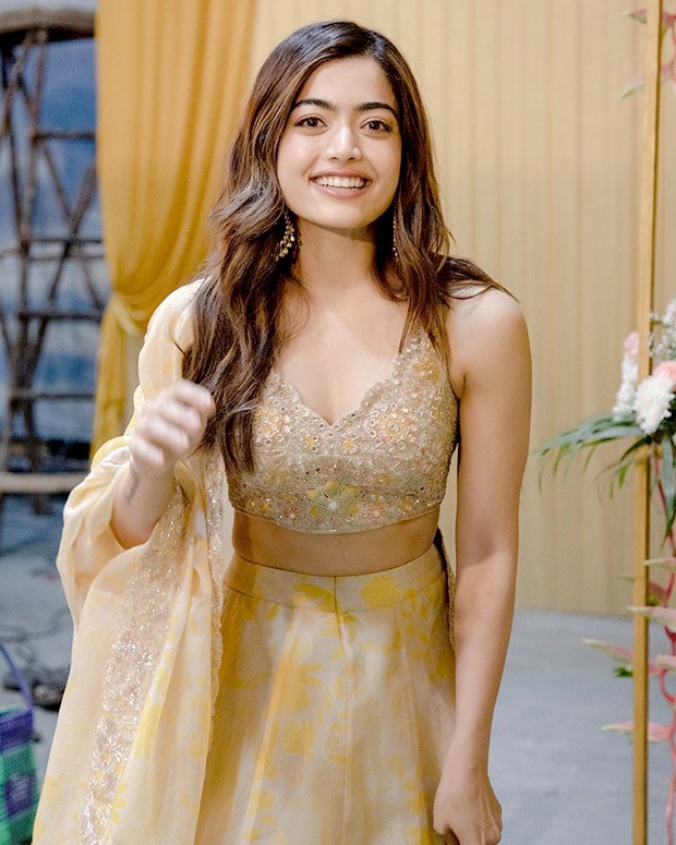 Rashmika Mandanna looks resplendent in floral-printed yellow & golden lehenga at Thalapathy Vijay's next film launch in Chennai