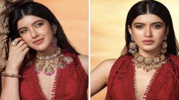 Shanaya Kapoor stuns in a Rs. 73,000 claret interlaced jacket and circle skirt for a jewellery ad