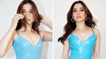 Tamannaah Bhatia raised the hotness quotient in Versace blue faux mini leather dress worth Rs. 2.69 lakh for Jee Karda announcement