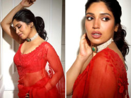 Bhumi Pednekar goes all glam in red organza saree for Raksha Bandhan trailer launch in Delhi Bhumi Pednekar goes all glam in red organza saree for Raksha Bandhan trailer launch in Delhi