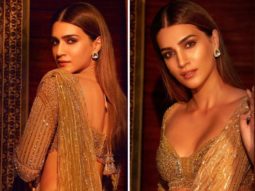 Kriti Sanon glows in a Falguni & Shane peacock’s shimmering sequin golden saree for Umang 2022