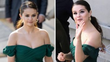 Selena Gomez looks pristine in an off-shoulder emerald green dress and peep-toe mules for Only Murders in Building promotions