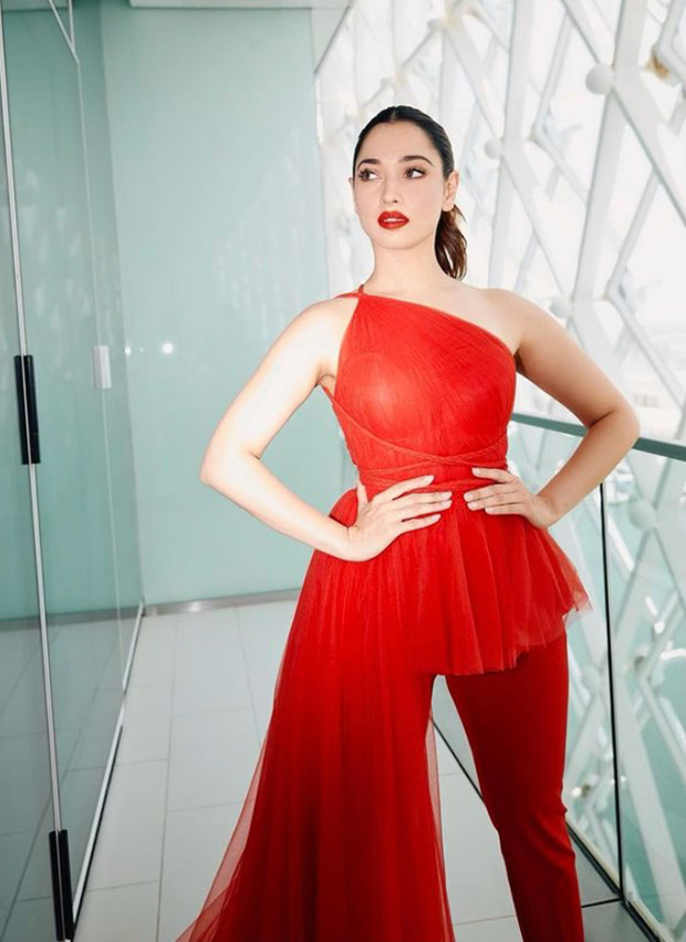 Tamannaah Bhatia is a siren in red monotone one shoulder top and pants 