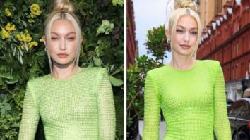 Gigi Hadid amps up the glam in a green body-con dress for British Vogue X  Self Portrait’s Summer Party in London