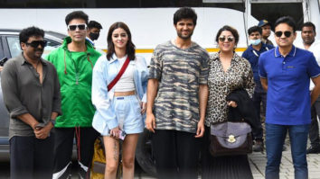 Karan Johar, Vijay Deverakonda & Ananya Pandey pose for paps amid the buzz around their upcoming film Liger