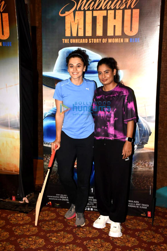 Photos: Taapsee Pannu and Mithali Raj snapped promoting the film Shabaash Mithu with an indoor cricket match