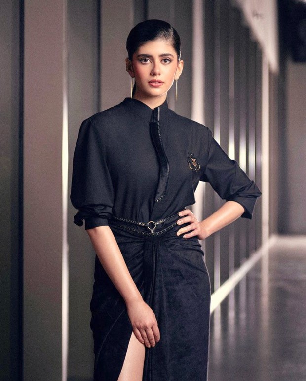 Sanjana Sanghi ups glam quotient in a sexy high-slit velvet skirt and a black men's shirt