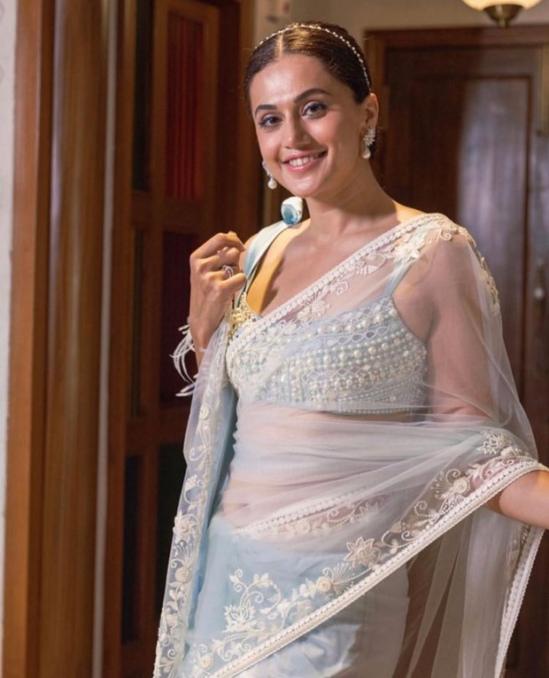 Taapsee Pannu is beauty personified in powder blue saree and embellished blouse worth Rs. 59,900 for Shabaash Mithu promotions 