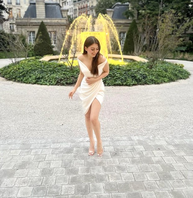 Hansika Motwani looks smouldering on vacation in Paris wearing white satin outfit