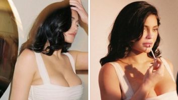 Kylie Jenner looks too hot to handle in a sultry white corset dress as she poses for photos for new cosmetics line