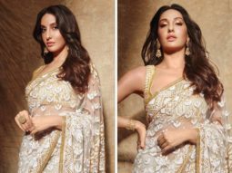 Nora Fatehi is a sight to behold in Manish Malhotra’s sheer floral ivory saree and sleeveless blouse