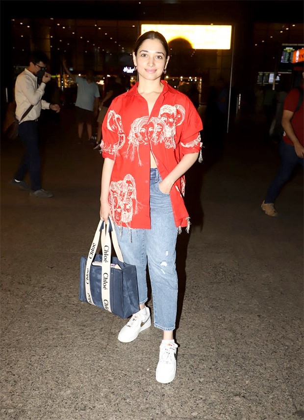Tamannaah Bhatia snapped at the airport in red shirt and denims, but Rs 1 Lakh Chloe bag steals limelight