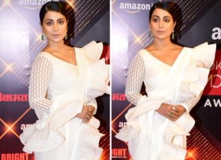 Hina Khan expresses her love for white in a white ruffled saree by Abu Jani Sandeep Khosla for Lokmat awards 2022