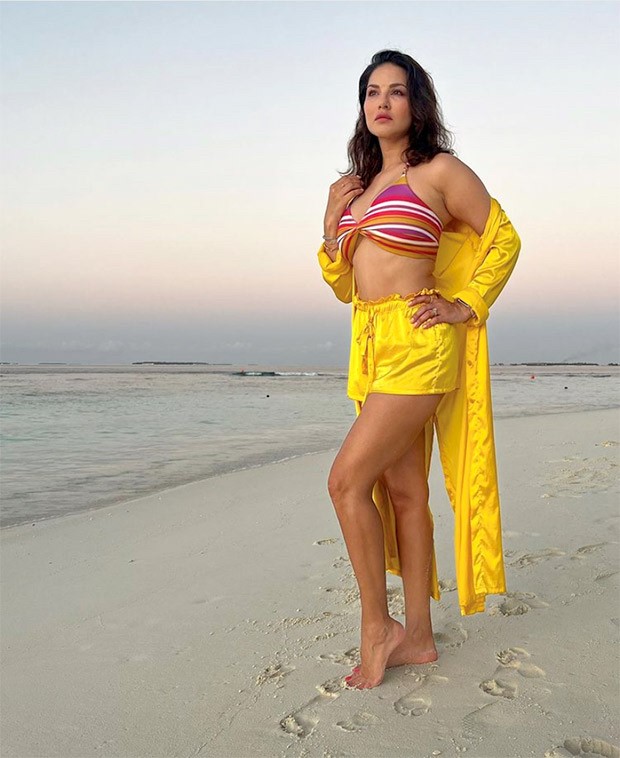 Sunny Leone looks too hot to handle in multi-colour bikini top and yellow shorts in Maldives 