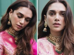 Aditi Rao Hydari is a sight to behold in Raw Mango’s pink saree teamed with a pink and golden blouse