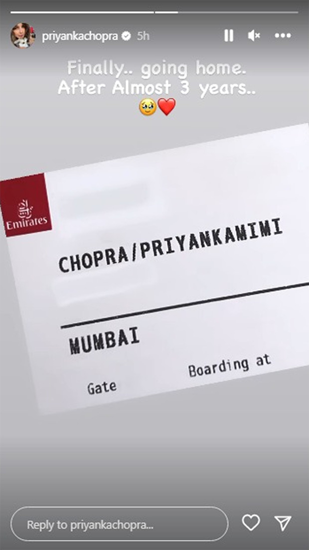 Priyanka Chopra stoked to return to India after three years, shares photo of her boarding pass