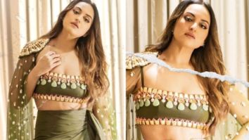 Sonakshi Sinha looks gorgeous in an olive green three-piece co-ord set and floral heels by Papa Don’t Preach by Shubhika