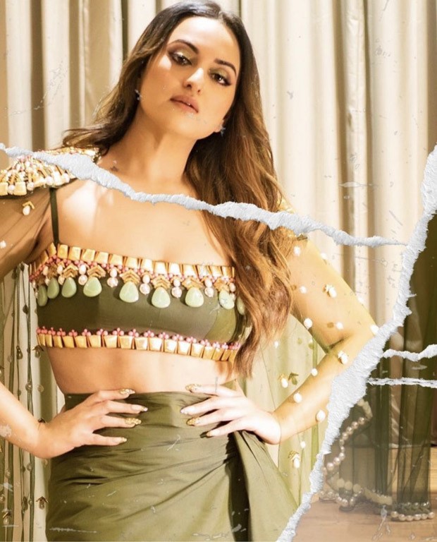 Sonakshi Sinha looks gorgeous in an olive green three-piece co-ord set and floral heels by Papa Don't Preach by Shubhika