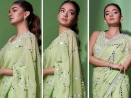 Anushka Sen dazzles in light green mirror work embellished saree by Abu Jani Sandeep Khosla in her latest stills