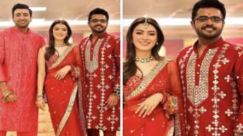 Hansika Motwani looks stunning in a red embellished saree as she kickstarts her pre-wedding festivities with Mata Ki Chowki