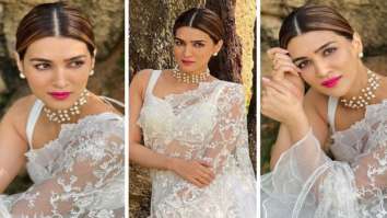 Kriti Sanon exudes elegance in a classy white saree adorned with lace and ruffles for the Bhediya promotions