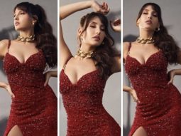 Nora Fatehi turned up the drama in Falguni Shane Peacock blazing crimson gown with a thigh-high slit