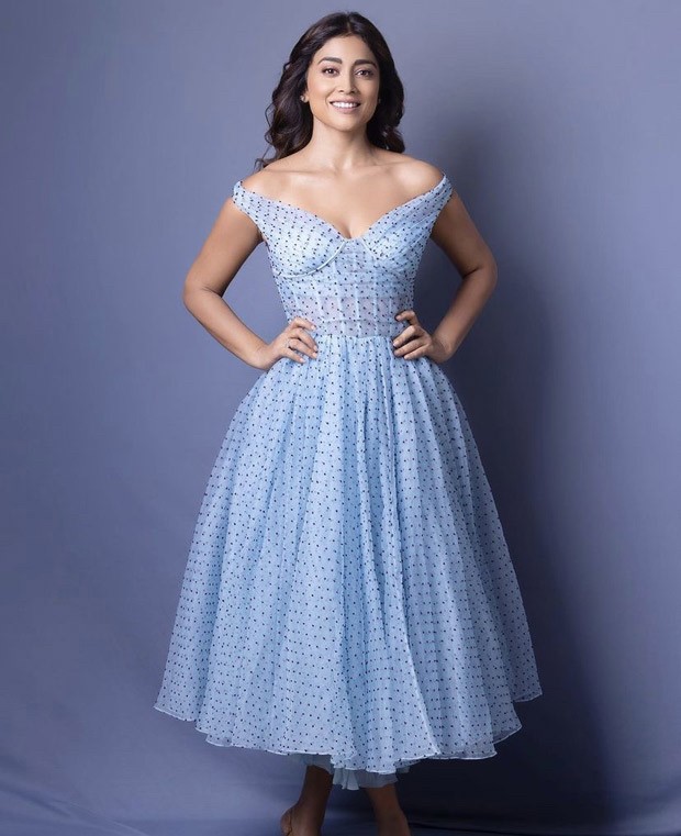 Shriya Saran evokes retro charm in blue polka dot dress from Gauri and Nainika for Drishyam 2 promotions