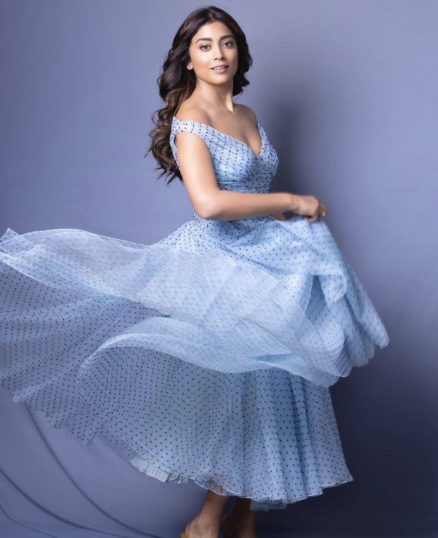 Shriya Saran evokes retro charm in blue polka dot dress from Gauri and Nainika for Drishyam 2 promotions