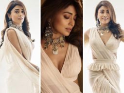 Shriya Saran made a chic case in a beige statement ruffled saree by Arpita Mehta at the 53rd International Film Festival of India