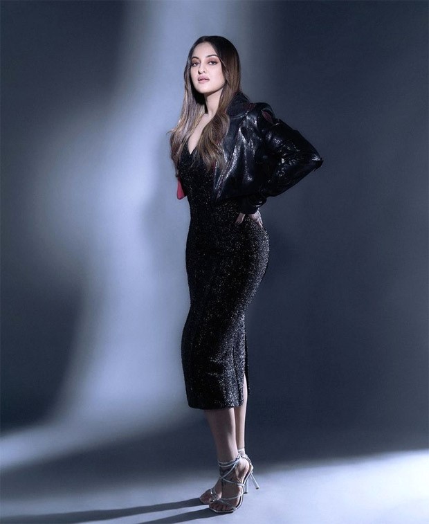 Sonakshi Sinha channels inner diva in a glamourous black shimmer dress and crop jacket for Double XL promotions
