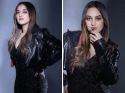 Sonakshi Sinha channels inner diva in a glamourous black shimmer dress and crop jacket for Double XL promotions