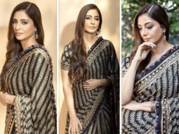 Tabu’s black and golden saree by Abu Jani-Sandeep Khosla for Drishyam 2 promotions can work everywhere from sangeet celebrations to cocktail parties