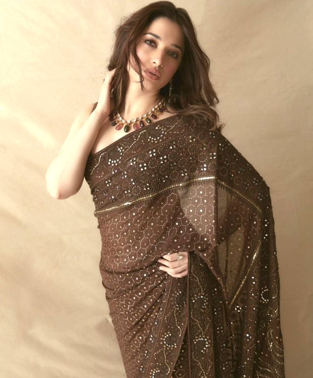 Tamannaah Bhatia stuns in coffee coloured saree paired with a strappy blouse worth Rs.1.18 Lakh 