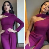 Esha Gupta is simply scintillating in a purple off-the-shoulder gown with a thigh-high slit