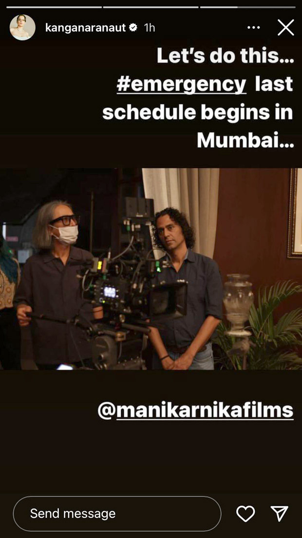 Kangana Ranaut starts shooting for the latest schedule of Emergency in Mumbai.  shares a photo from the set 