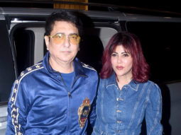 Sajid Nadiadwala twins with wife in blue outfit at the airport