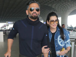 Suniel Shetty poses for paps with wife Mana Shetty at the airport