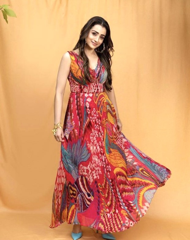 Trisha Krishnan, flaunting a colorful Saaksha & Kinni maxi dress for Raangi promotions, is a true fashion queen