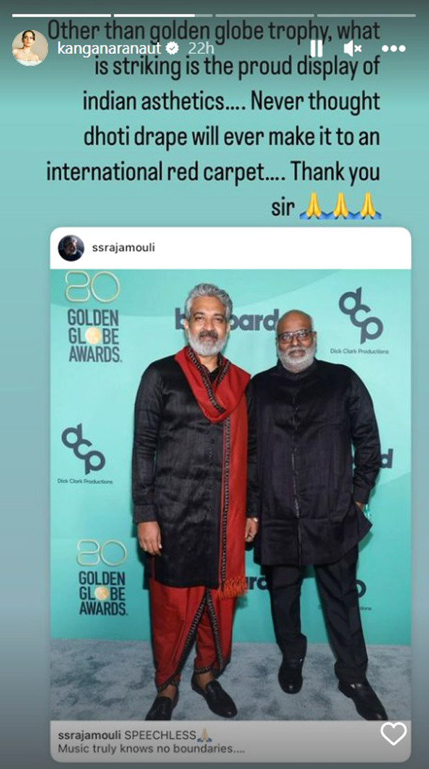 Kangana Ranaut lauds SS Rajamouli for his “striking display of Indian aesthetics” at the Golden Globe Awards 