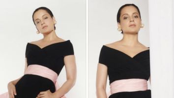 Kangana Ranaut sports a black jumpsuit by Gauri & Nainika with a pink bow belt at the wrap up party of Emergency