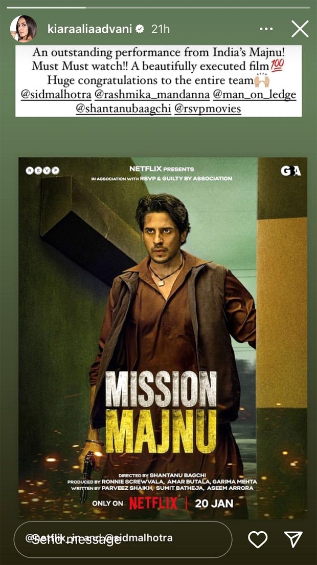 Kiara Advani reviews Mission Majnu: Heaps praise on majnu Sidharth Malhotra; Karan Johar calls it “a proud performance” 