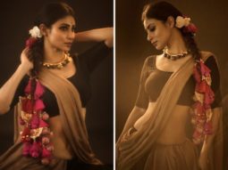 Mouni Roy is our current favourite desi girl in minimal yet stylish beige saree and pink parandi