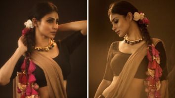 Mouni Roy is our current favourite desi girl in minimal yet stylish beige saree and pink parandi