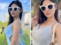 Mouni Roy poses in a pastel-blue dress against a backdrop of azure skies in post-card worthy picture from her Dubai holiday